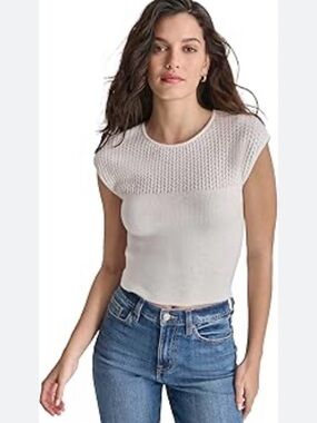 DKNY White Cropped Knit Cap-Sleeve Top with Open-Knit Yoke